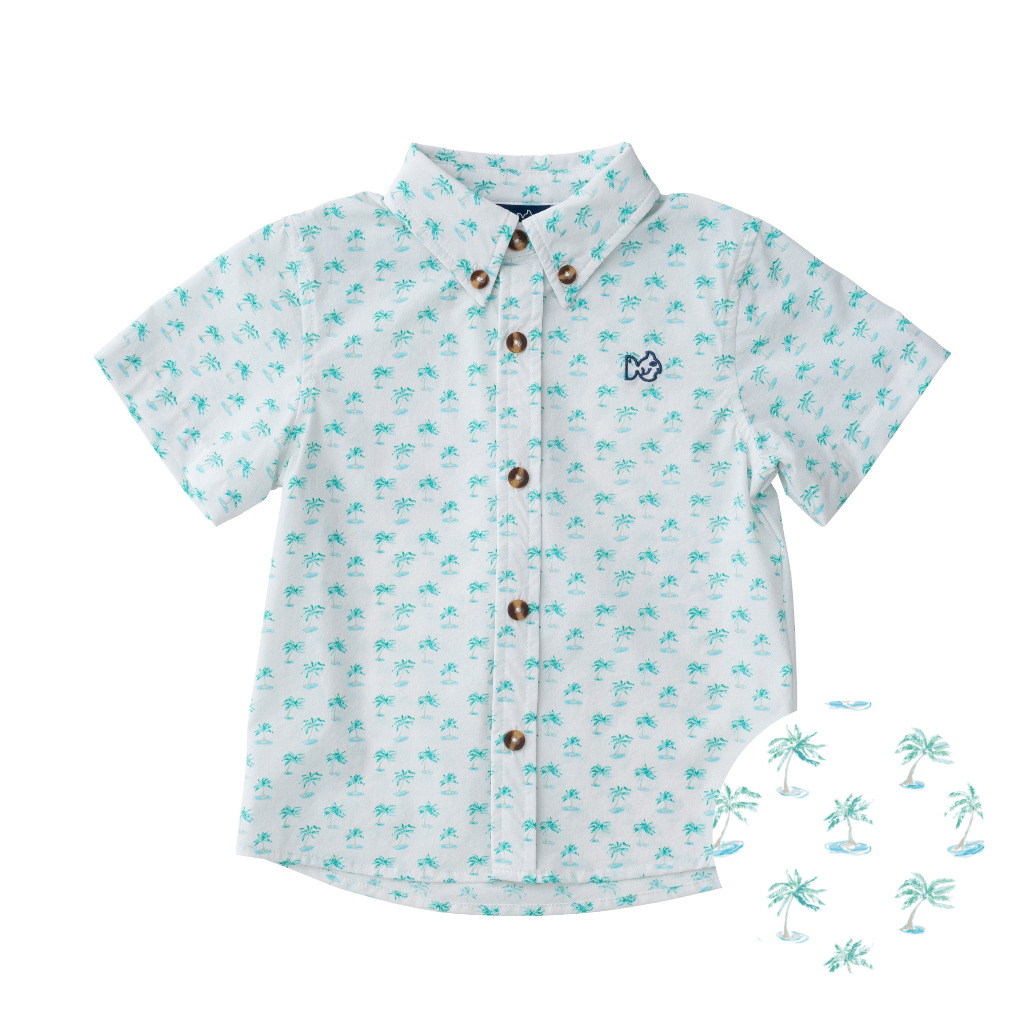 Chemise de pêche à manches courtes pour garçons, imprimé palmiers sur fond blanc
