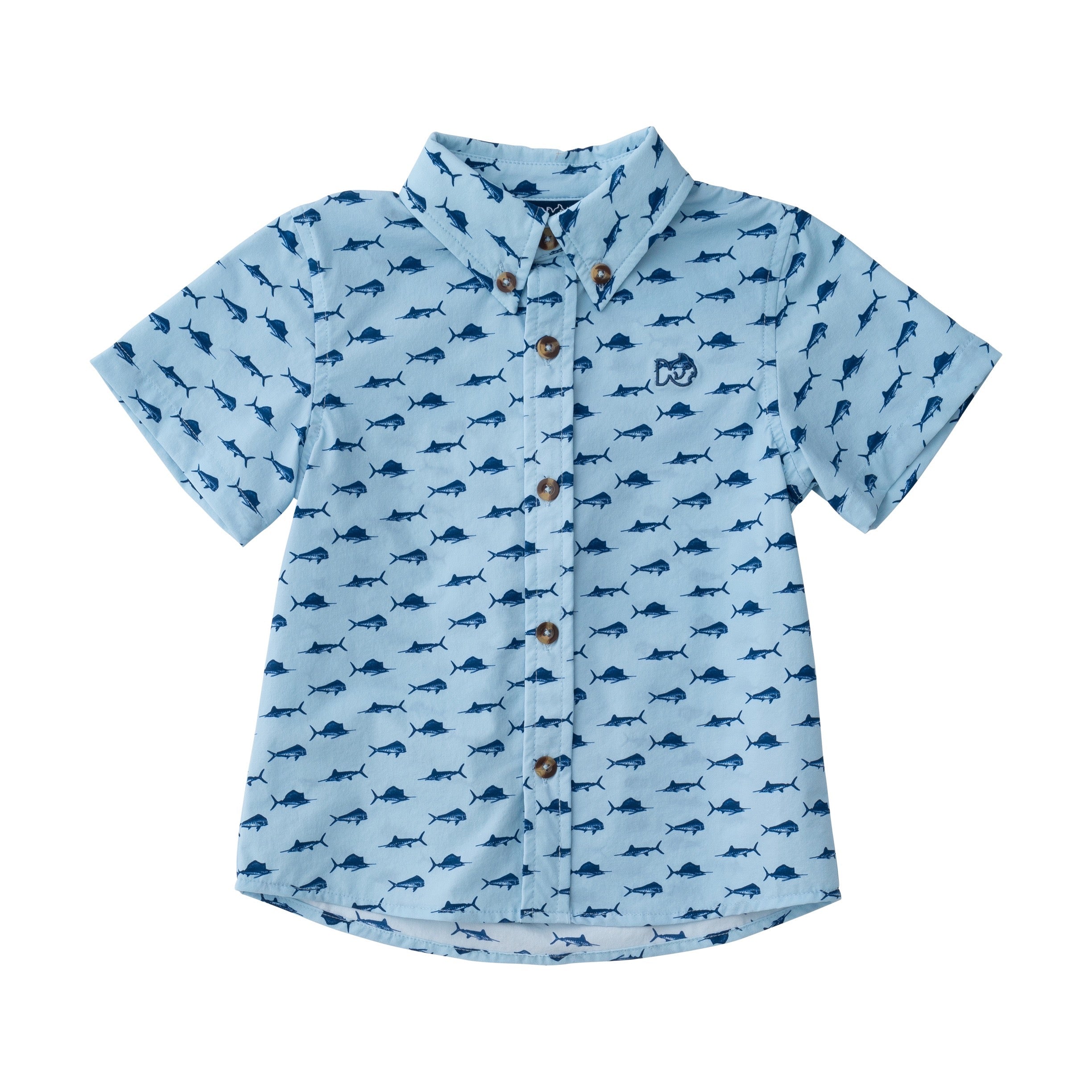 Chemise de pêche à manches courtes pour garçons en imprimé poisson sur bleu ciel clair