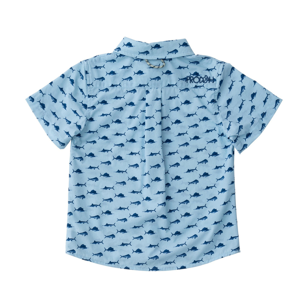 Chemise de pêche à manches courtes pour garçons en imprimé poisson sur bleu ciel clair