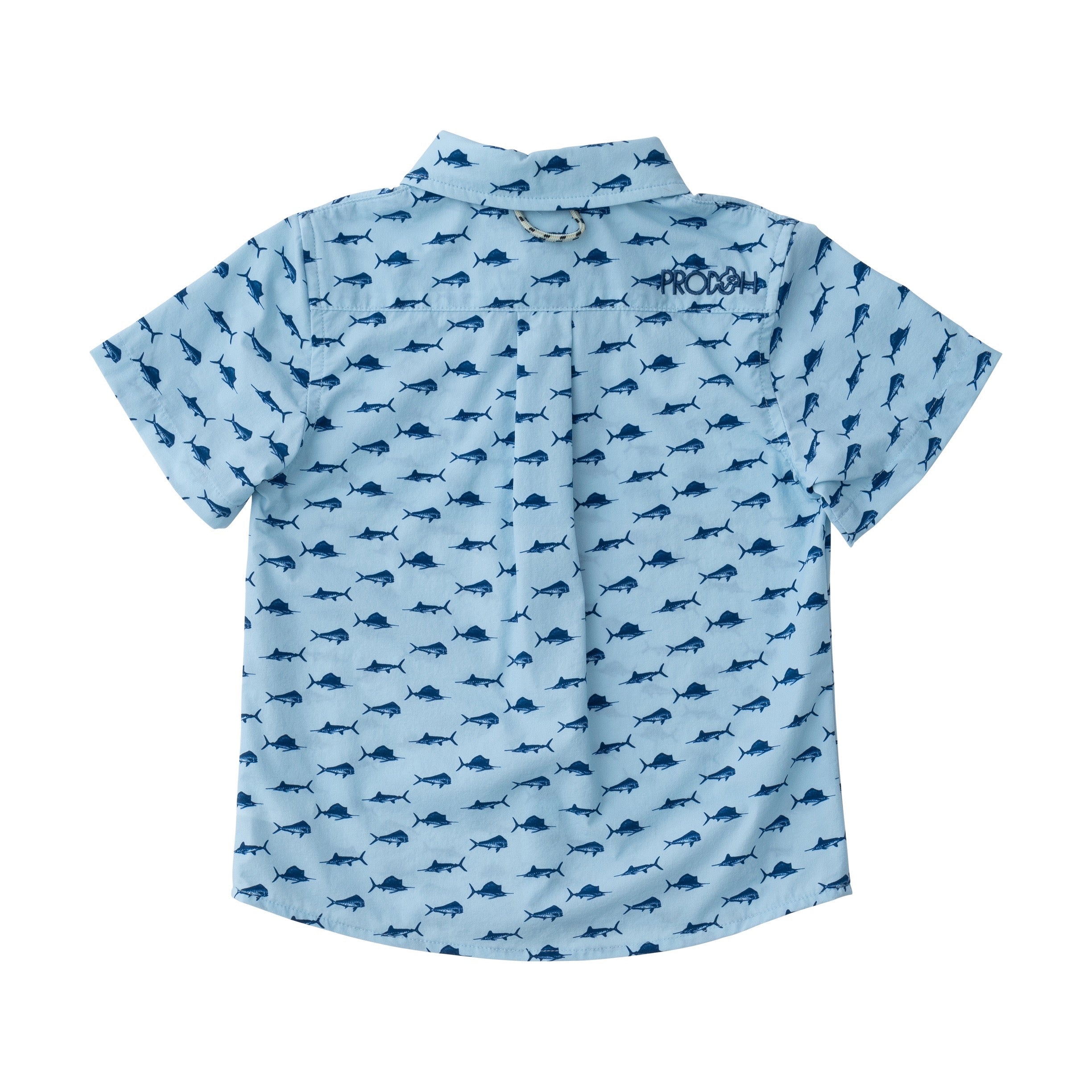 Chemise de pêche à manches courtes pour garçons en imprimé poisson sur bleu ciel clair