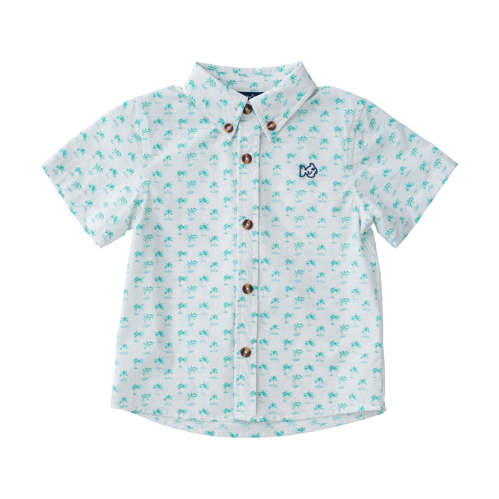 Chemise de pêche à manches courtes pour garçons, imprimé palmiers sur fond blanc