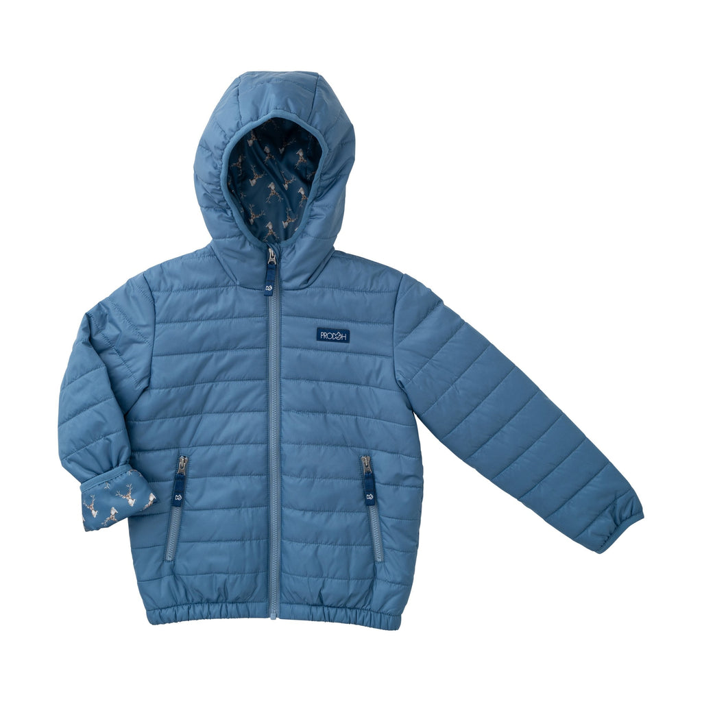 Doudoune à capuche pour garçon en bleu délavé avec doublure imprimée tête de cerf