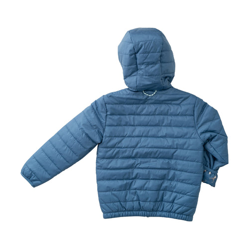 Doudoune à capuche pour garçon en bleu délavé avec doublure imprimée tête de cerf