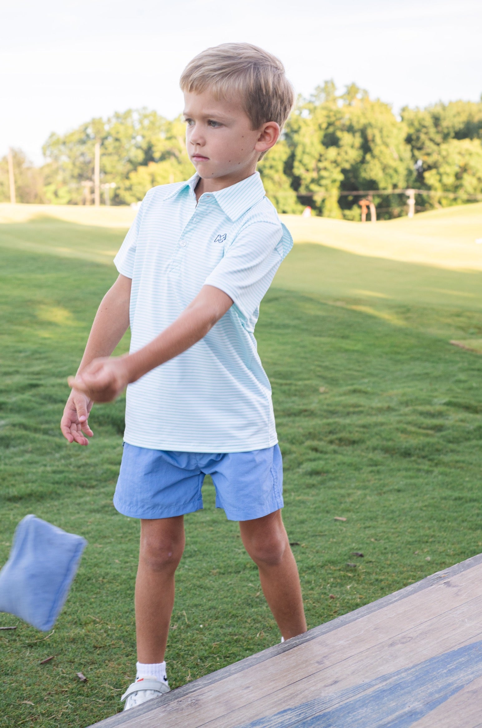 Polo garçon à manches courtes Pro Performance – Rayures bleu Aruba