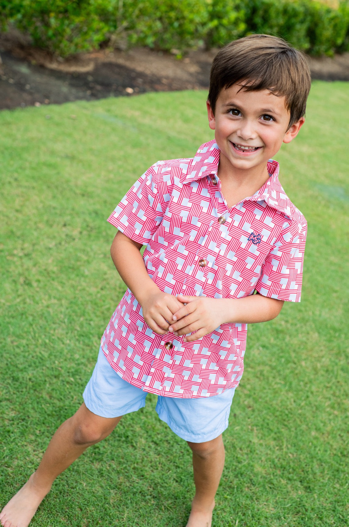 Chemise boutonnée à manches courtes pour garçons – Carreaux drapeau américain