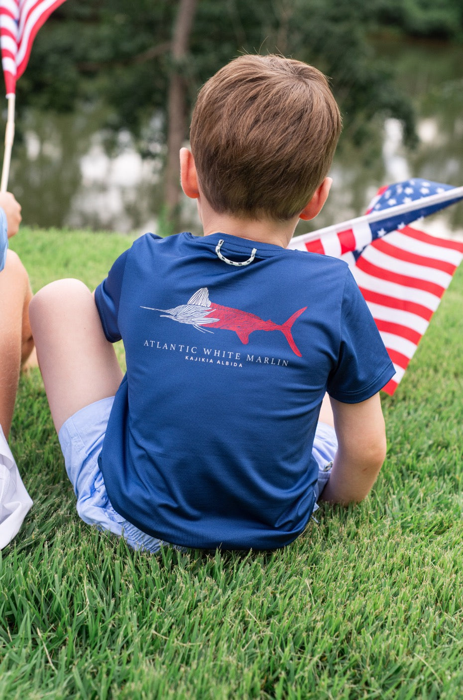 T-shirt à manches courtes Pro Performance pour enfant - Motif marlin blanc patriotique