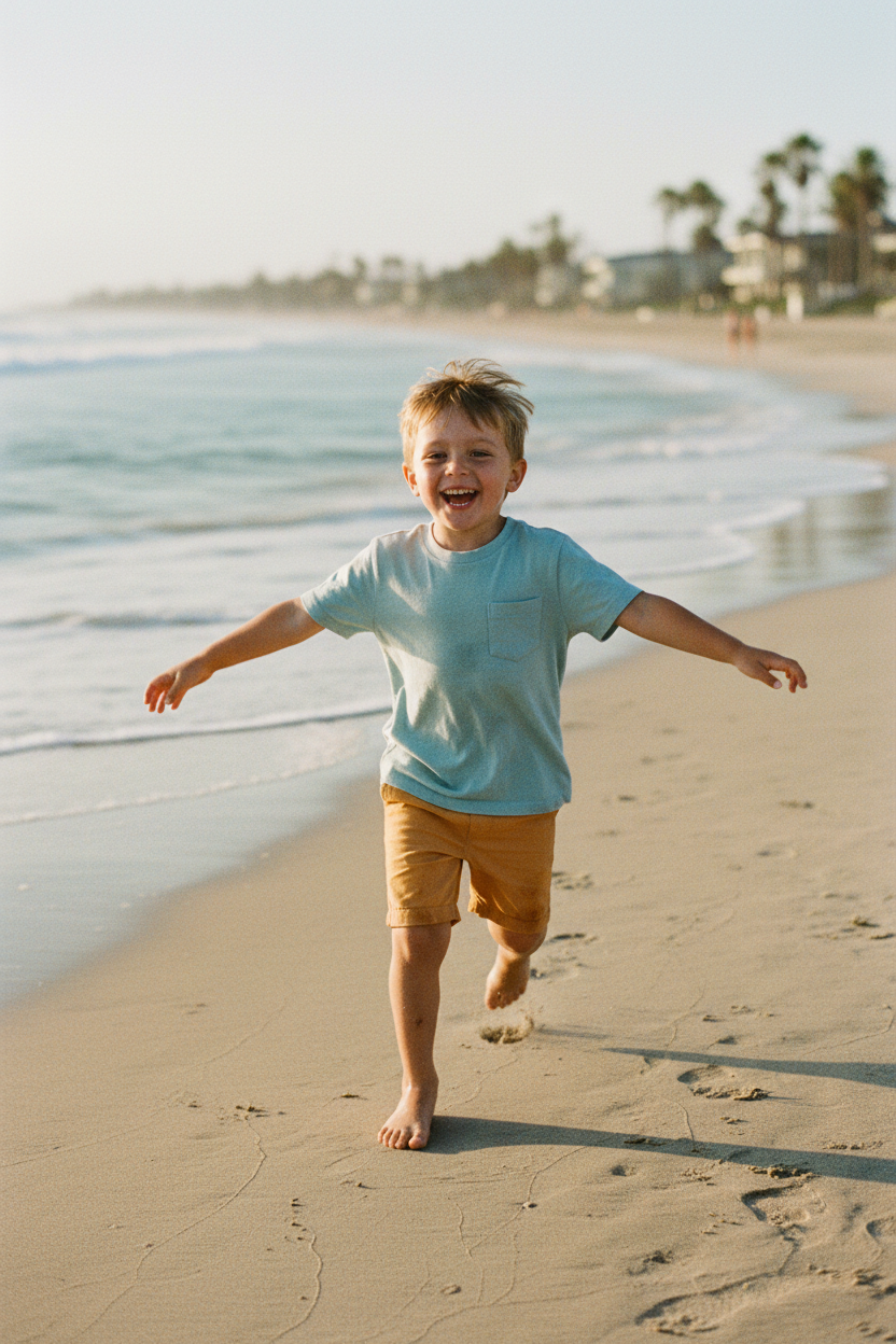Natural candid boy on beach wearing orange shorts